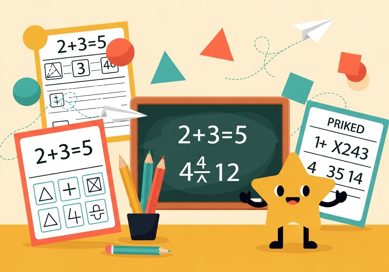 Cheerful illustration of math worksheets, pencils, and a chalkboard